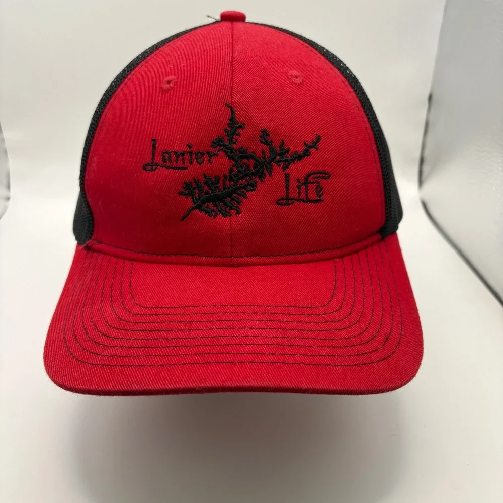 Lanier Life Lake Lanier Fishing Boating Trucker‎ Hat Red Black Snapback Mesh Cap